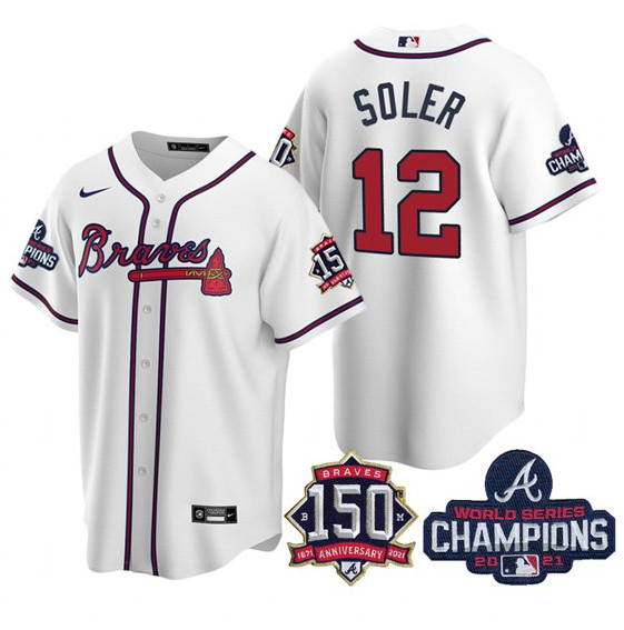 Men's Atlanta Braves #12 Jorge Soler 2021 White World Series Champions With 150th Anniversary Patch Cool Base Stitched Jersey Men's Atlanta Braves #12 Jorge Soler 2021 White World Series Champions With 150th Anniversary Patch Cool Base Stitched Jersey